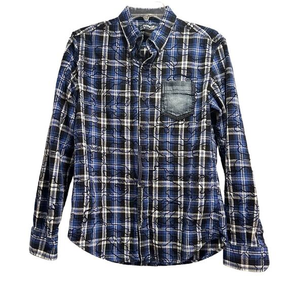Desigual Blue Plaid Embroidered Funky Print Shirt Button Long Sleeve Mens MEDIUM - Picture 13 of 13